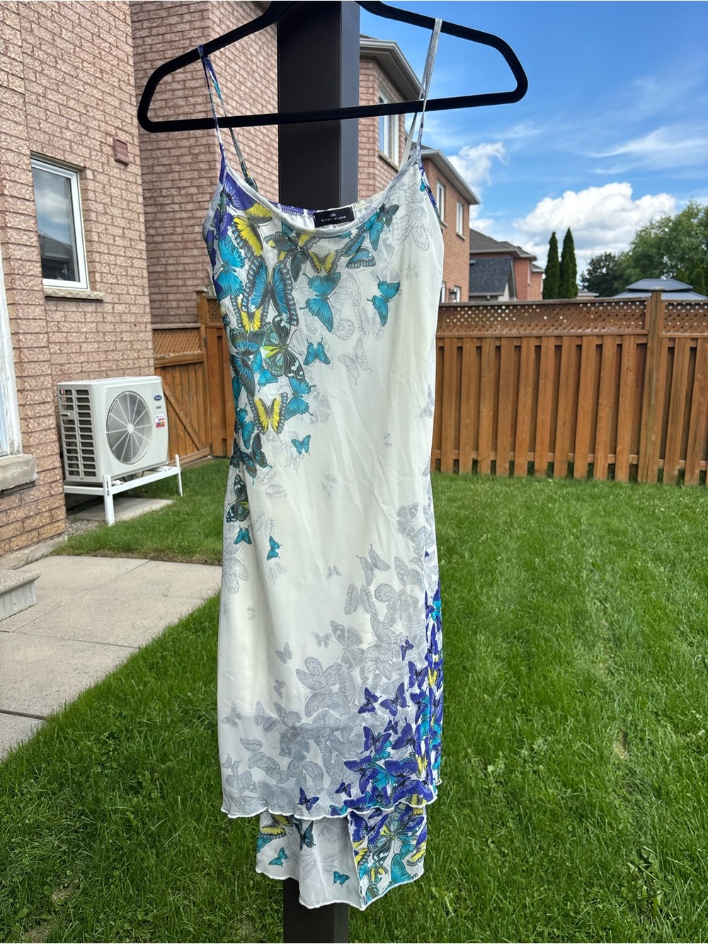 Retro y2kRiver Island White Slip Midi Dress with Blue and Yellow Butterfly Print